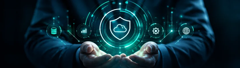 Open hands holding a glowing cloud security shield with data, analytics, settings and globe icons