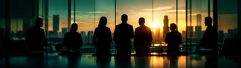 Silhouetted business team standing in a boardroom at sunset