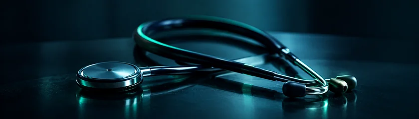 Stethoscope resting on a dark teal surface